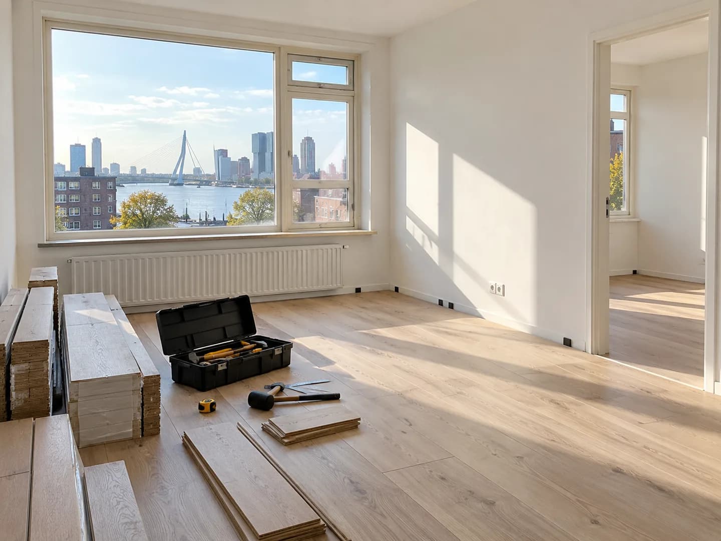 Lichte woonruimte waarin een houten vloer wordt gelegd