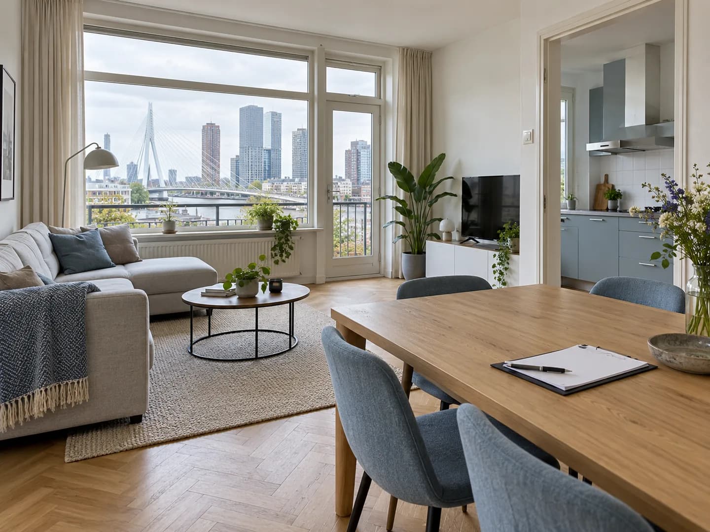 Woonkamer van een stadsappartement met eethoek en grote ramen